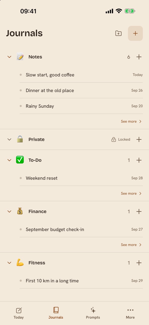 Journals screen with folders for notes, To-Dos, finance, fitness and Private